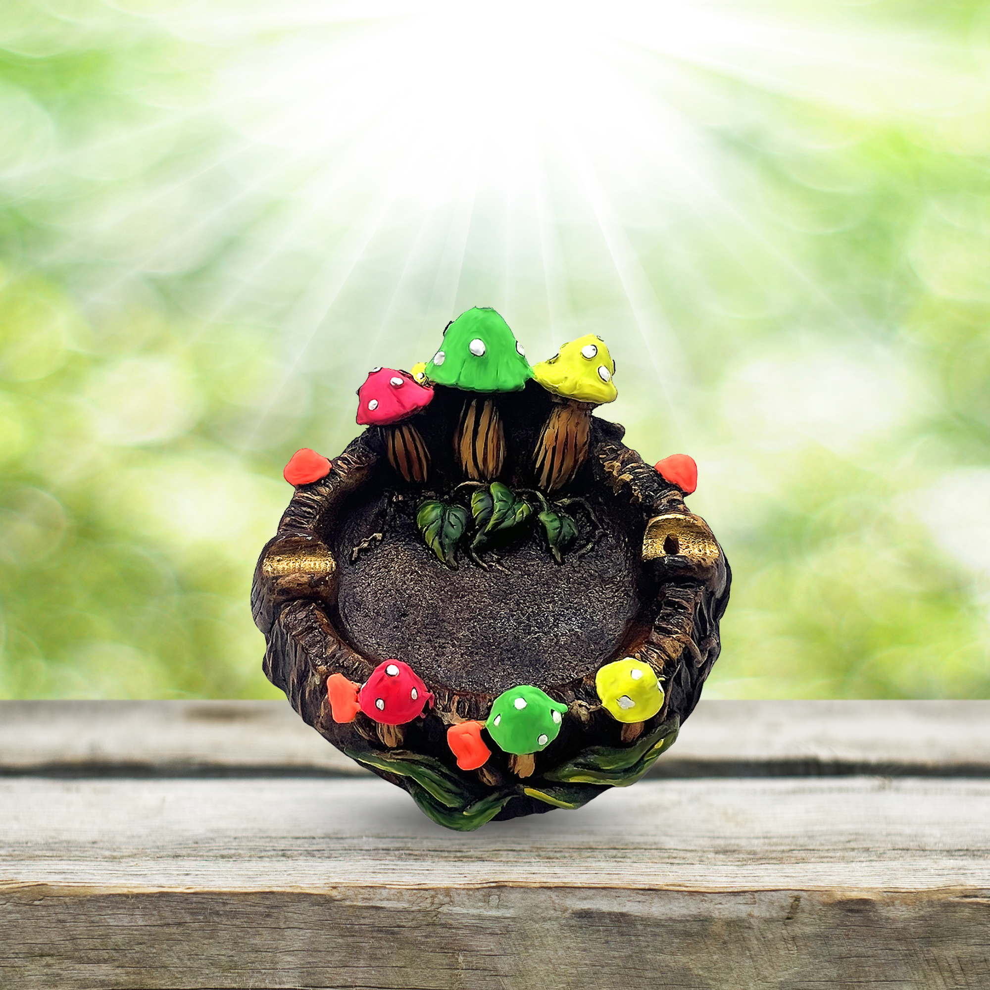 neon ash tray with carved mushrooms standing on its side. wooden planks underneath. sunlight and green herbs in the back.