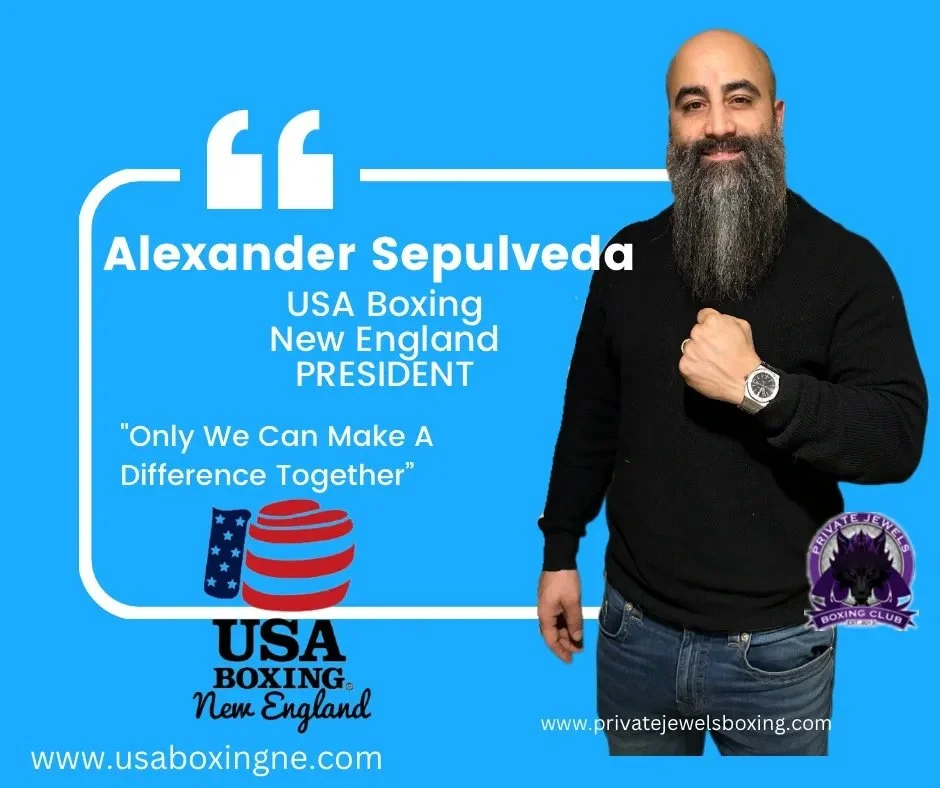 A poster featuring Alexander Sepulveda, who is associated with USA Boxing in New England, promoting his candidacy for president with the slogan 'Only We Can Make a Difference Together.' The poster includes patriotic red, white, and blue graphics, sponsors' logos, and a photo of Alexander Sepulveda smiling and showing a clenched fist.
