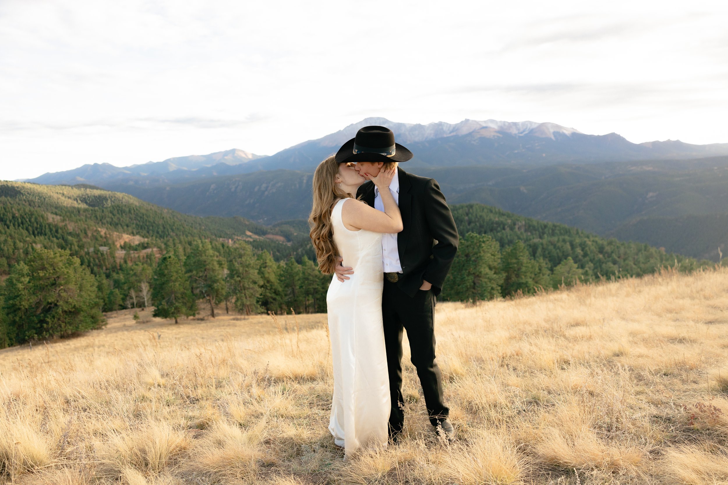 A couple dressed in wedding attire sharing a kiss in an open field with mountains and forests in the background.