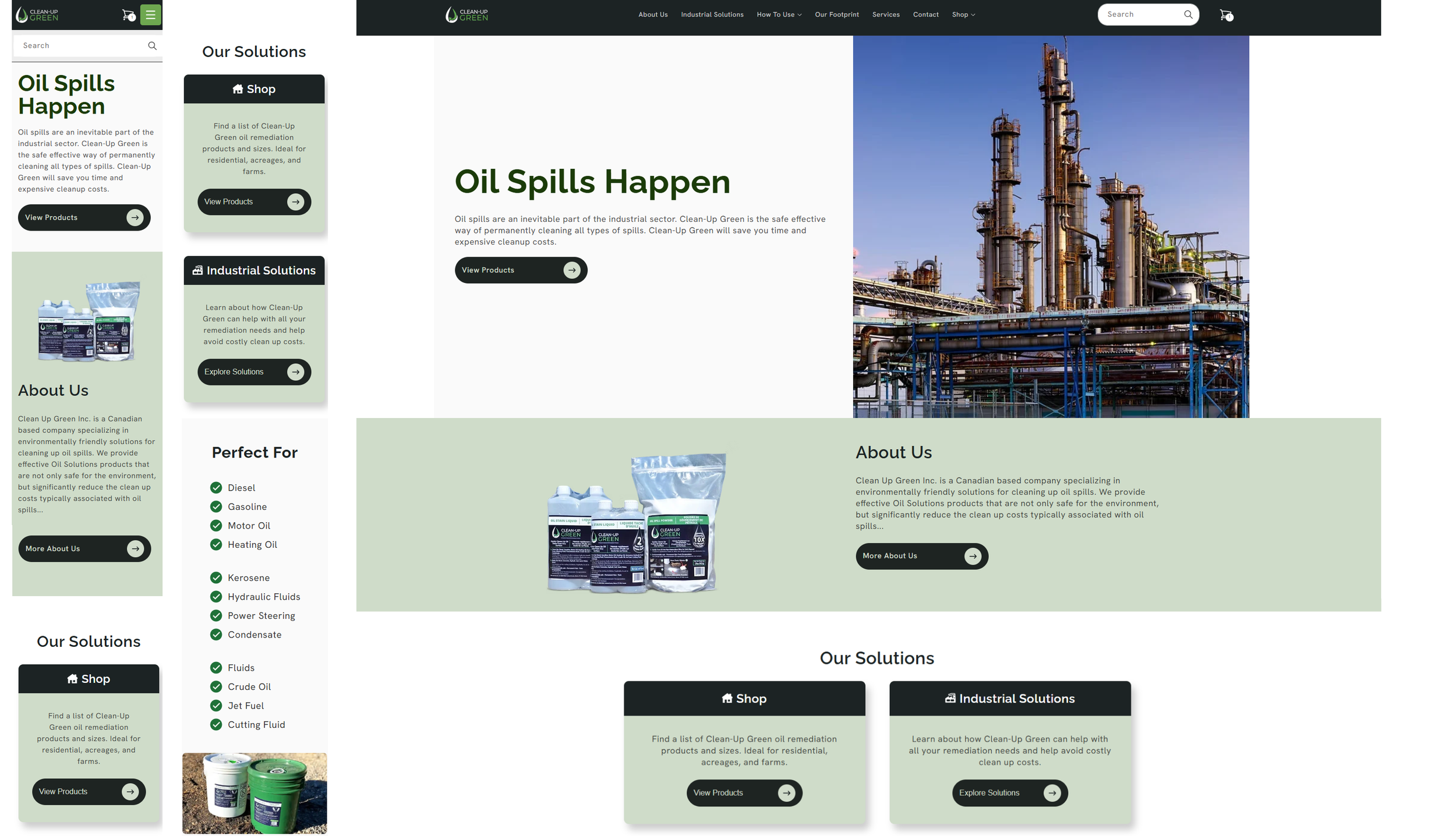 Website homepage for Clean Up Green, featuring sections on oil spill solutions, product shopping, and industrial information. Includes images of industrial refinery and cleaning products.