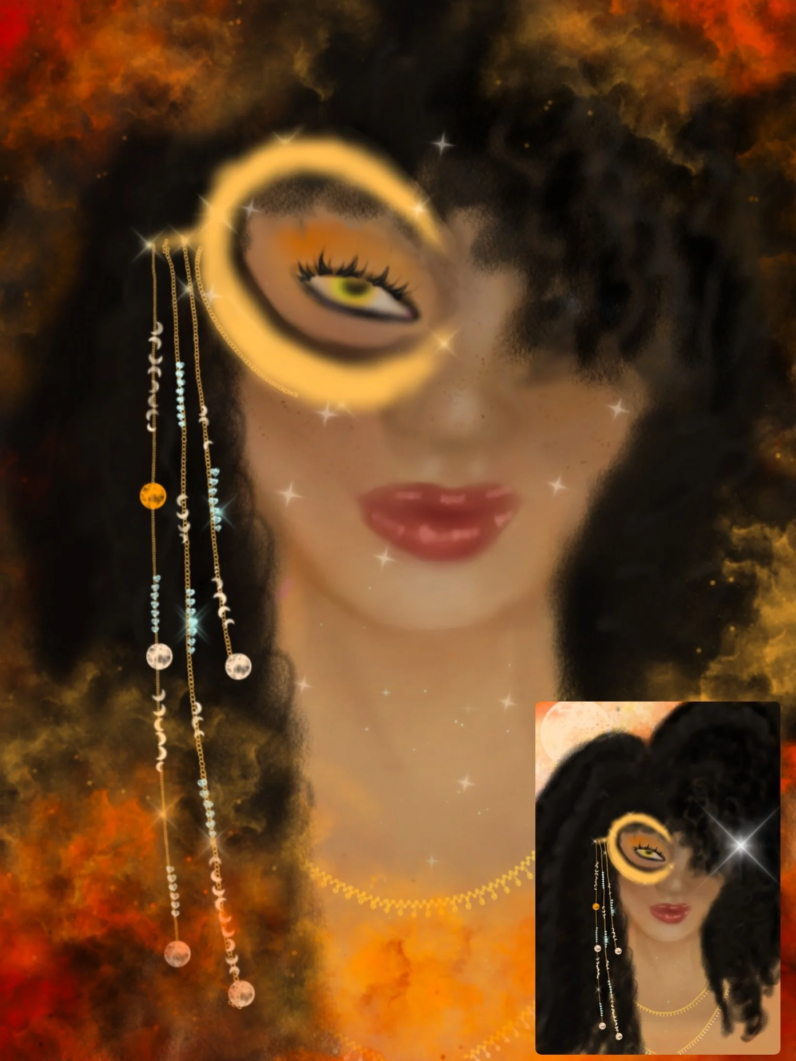 Painting name: Sol y Luna 

I wanted to draw the sun and moon together but in a different way. The flames represent the light that gives the moon its light. The moon is only bright because it reflects the sunshine. 

I put the moon as a pretty glasse