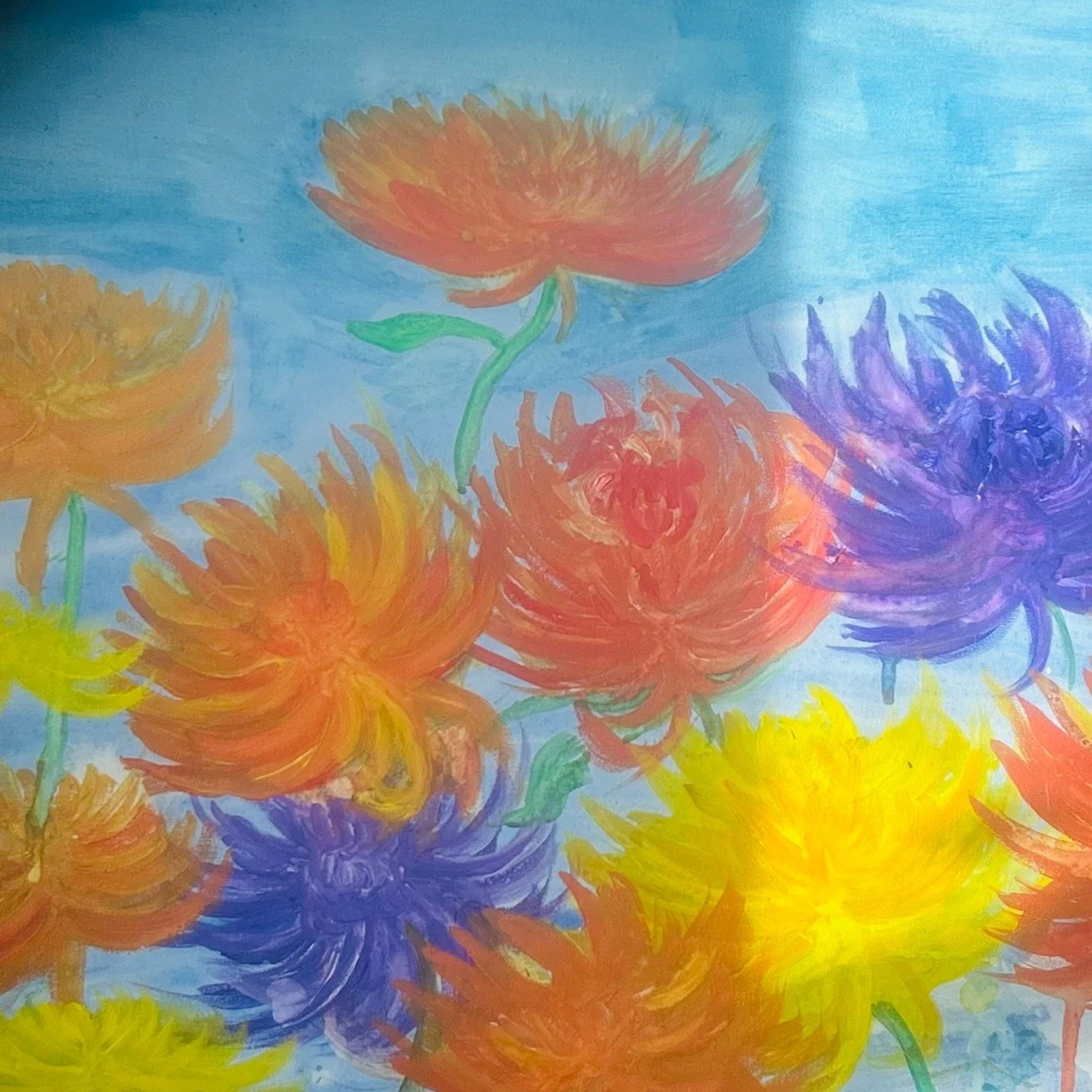 I finished the painting I did for a client. I call it "Bed of Flowers".
I was searching up the formation of chrysanthemum's and the meaning and just getting to know my painting.

Did you know that the orange chrysanthemum symbolizes energy,