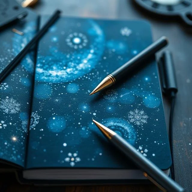 A notebook with a galaxy and snowflake design, two black and gold pens resting on it, surrounded by other stationery items.