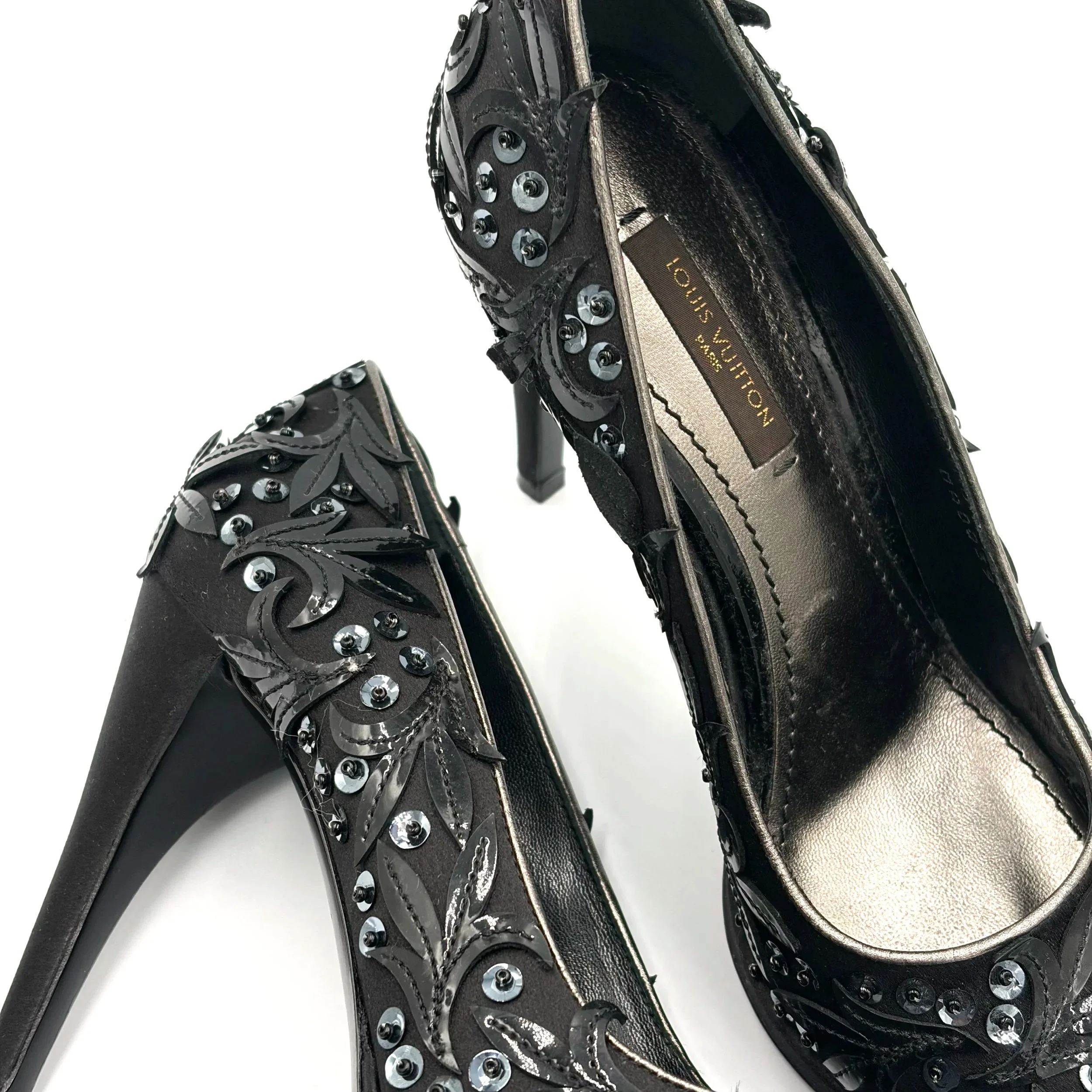 Louis Vuitton Black Satin Leaf & Sequin Pumps (35.5), image 3