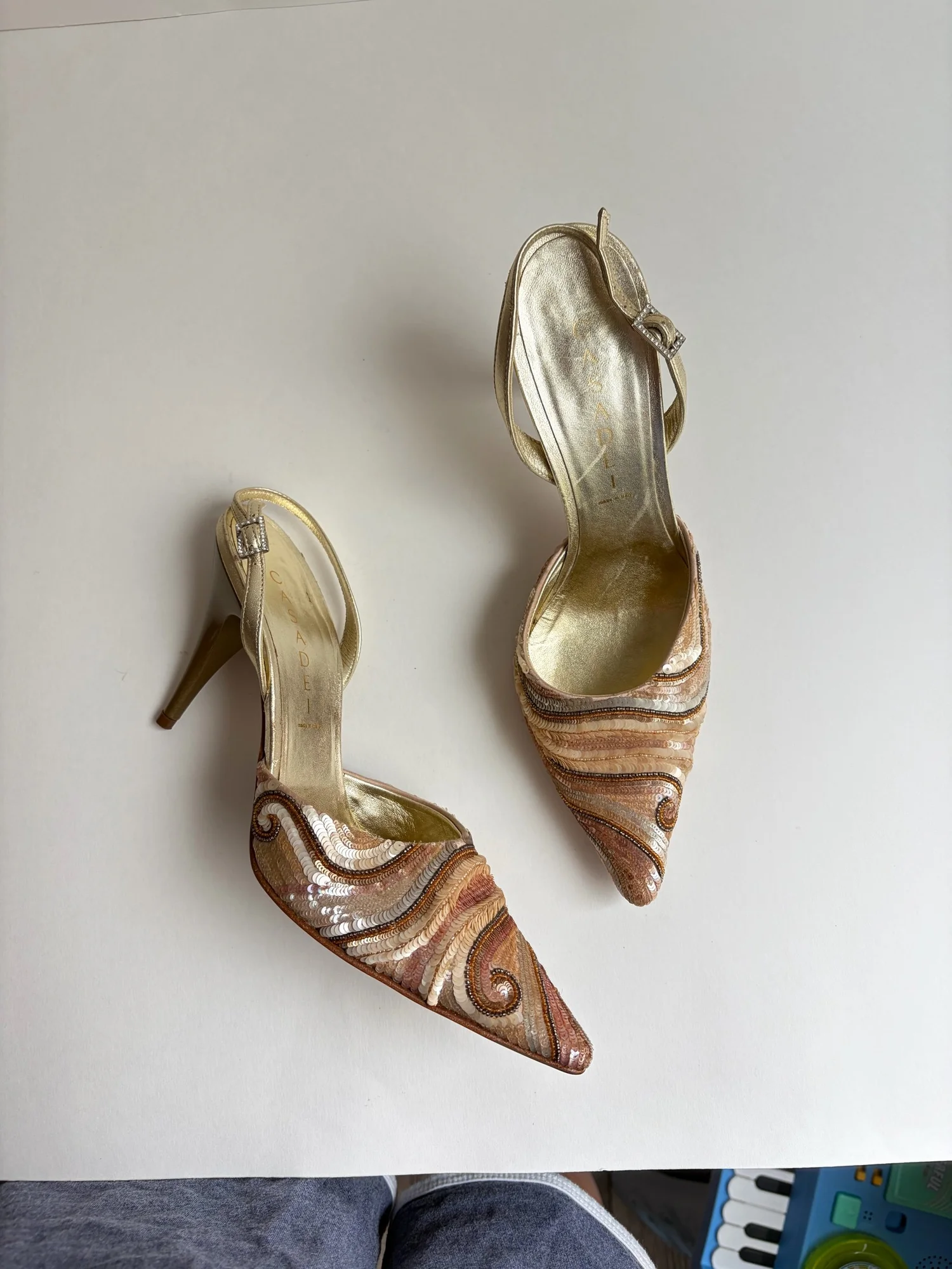 Vtg Casadei Bronzey Sands Sequin Heels (38)