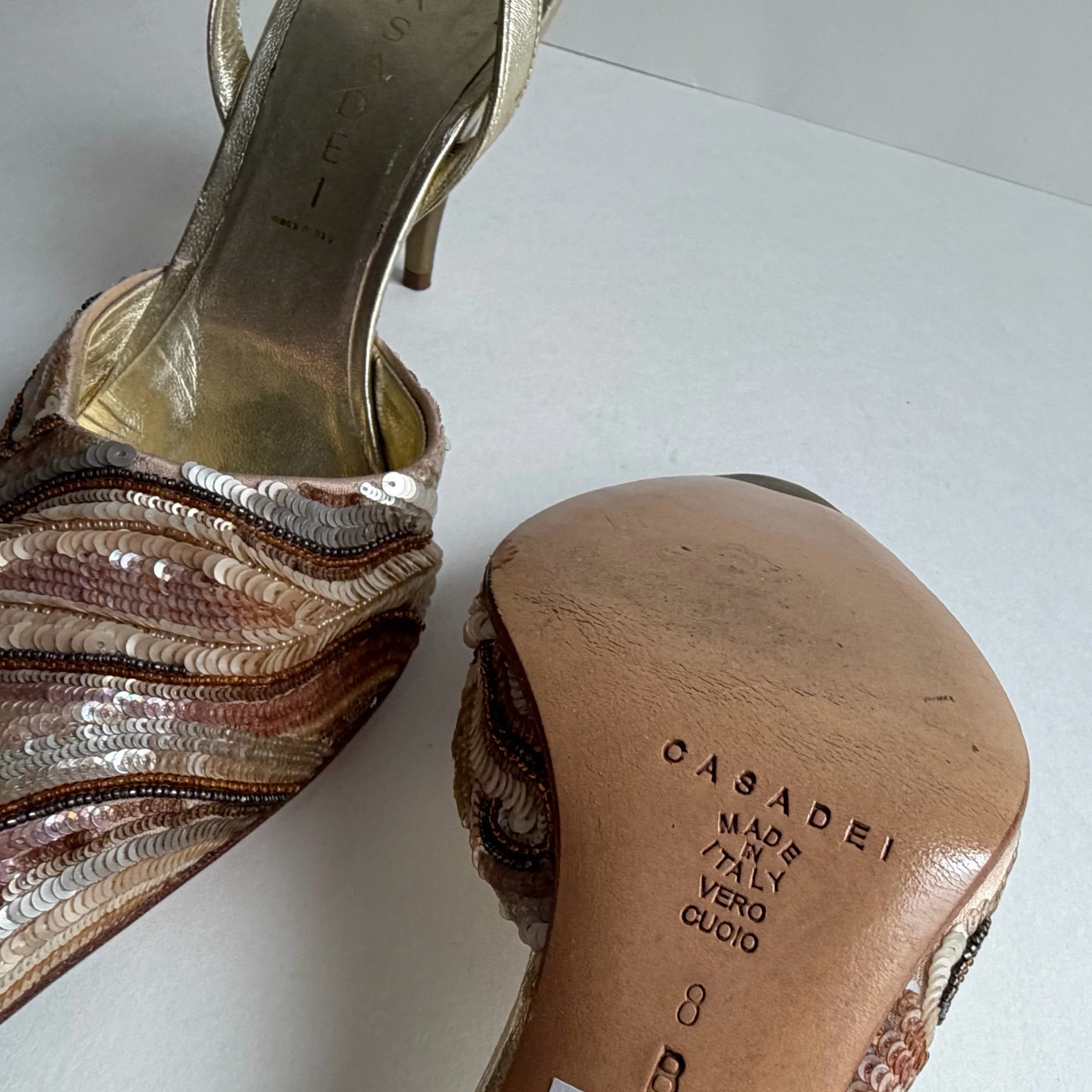 Vtg Casadei Bronzey Sands Sequin Heels (38) — image 7