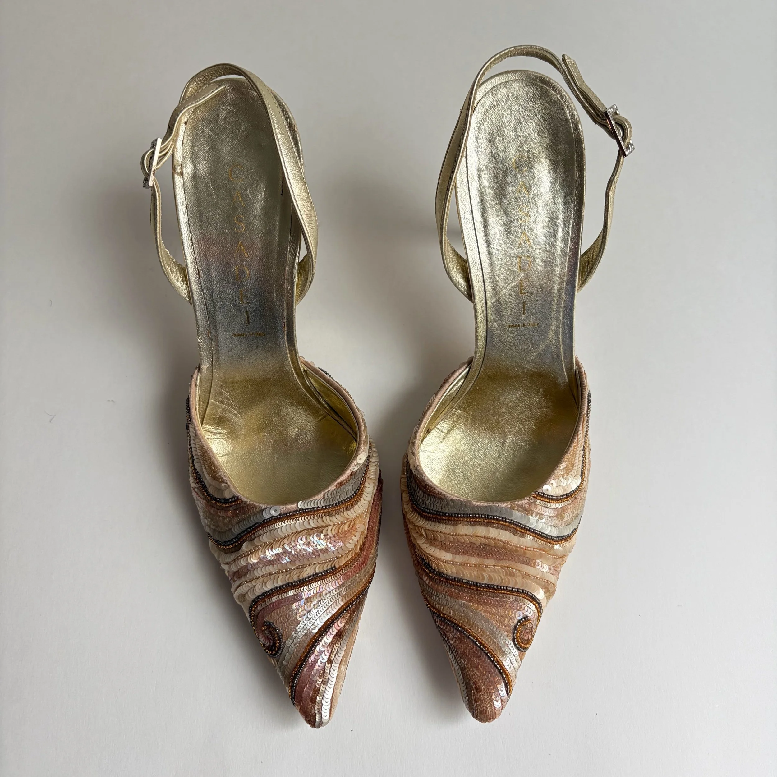 Vtg Casadei Bronzey Sands Sequin Heels (38) — image 8