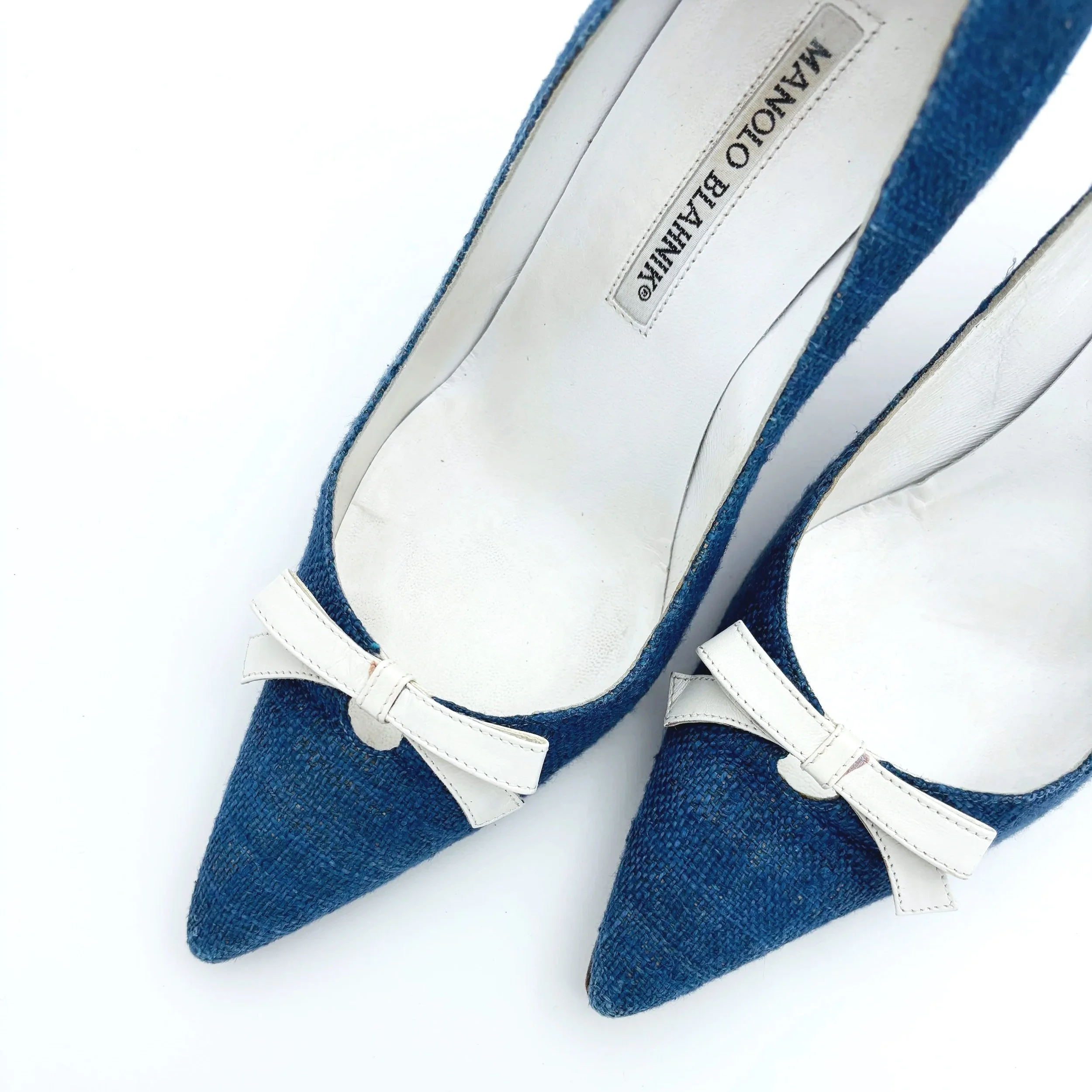 Blue Tweed Manolo Blahnik Bow Heels (37) — image 5