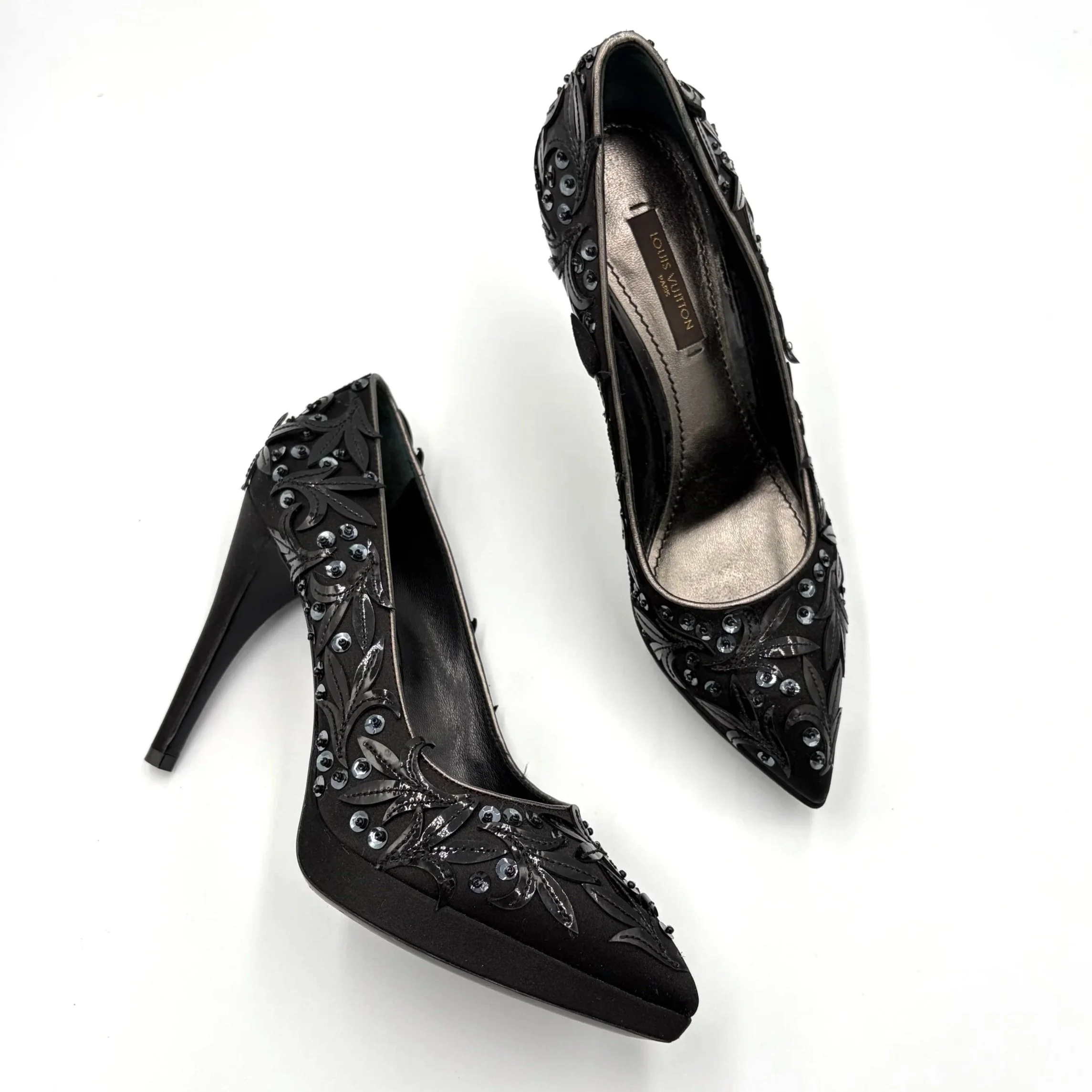 Louis Vuitton Black Satin Leaf & Sequin Pumps (35.5), image 7