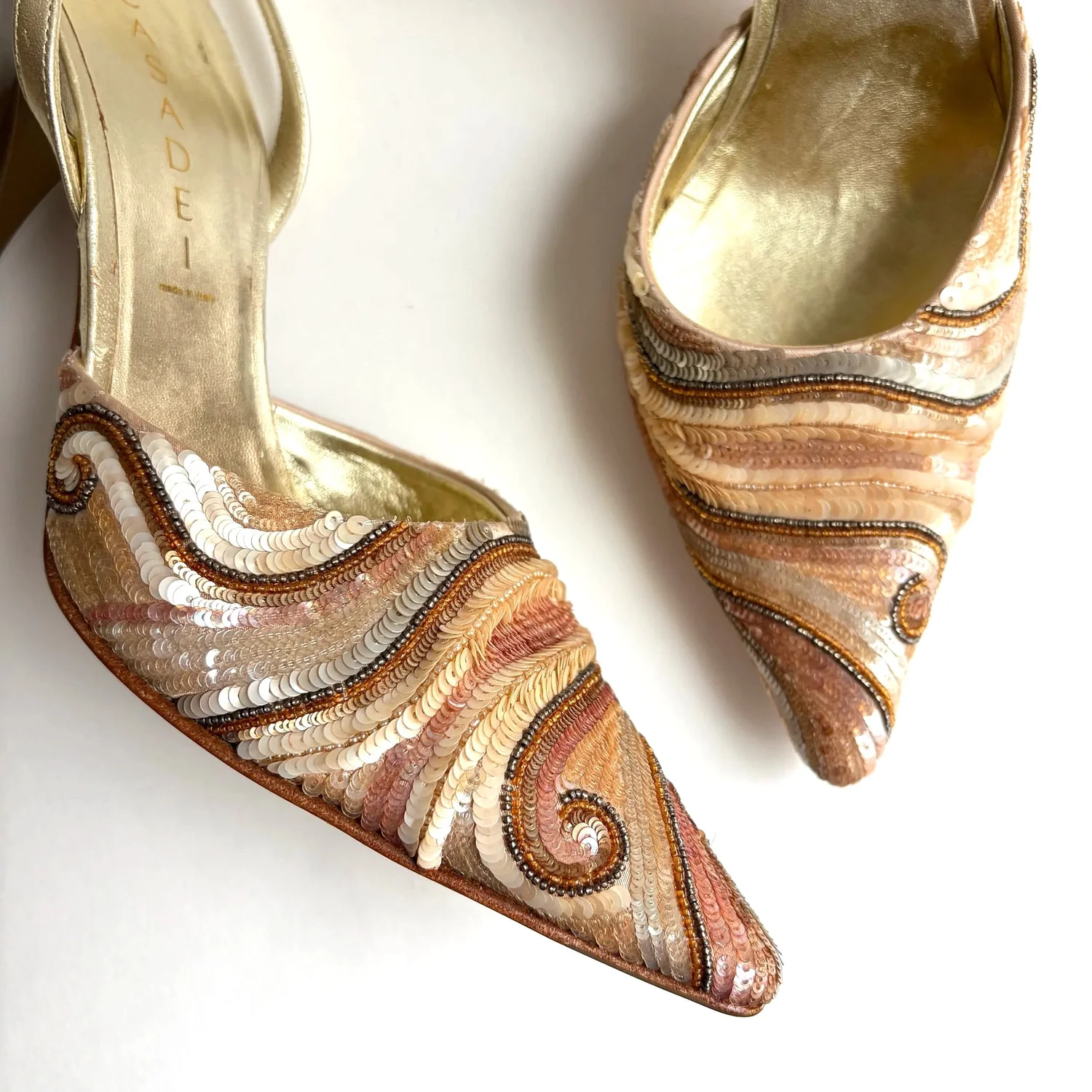 Vtg Casadei Bronzey Sands Sequin Heels (38)
