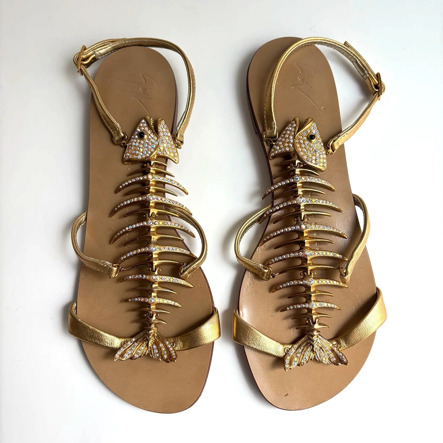Vtg Giuseppe Zanotti Gold Fishbone Sandals (35)