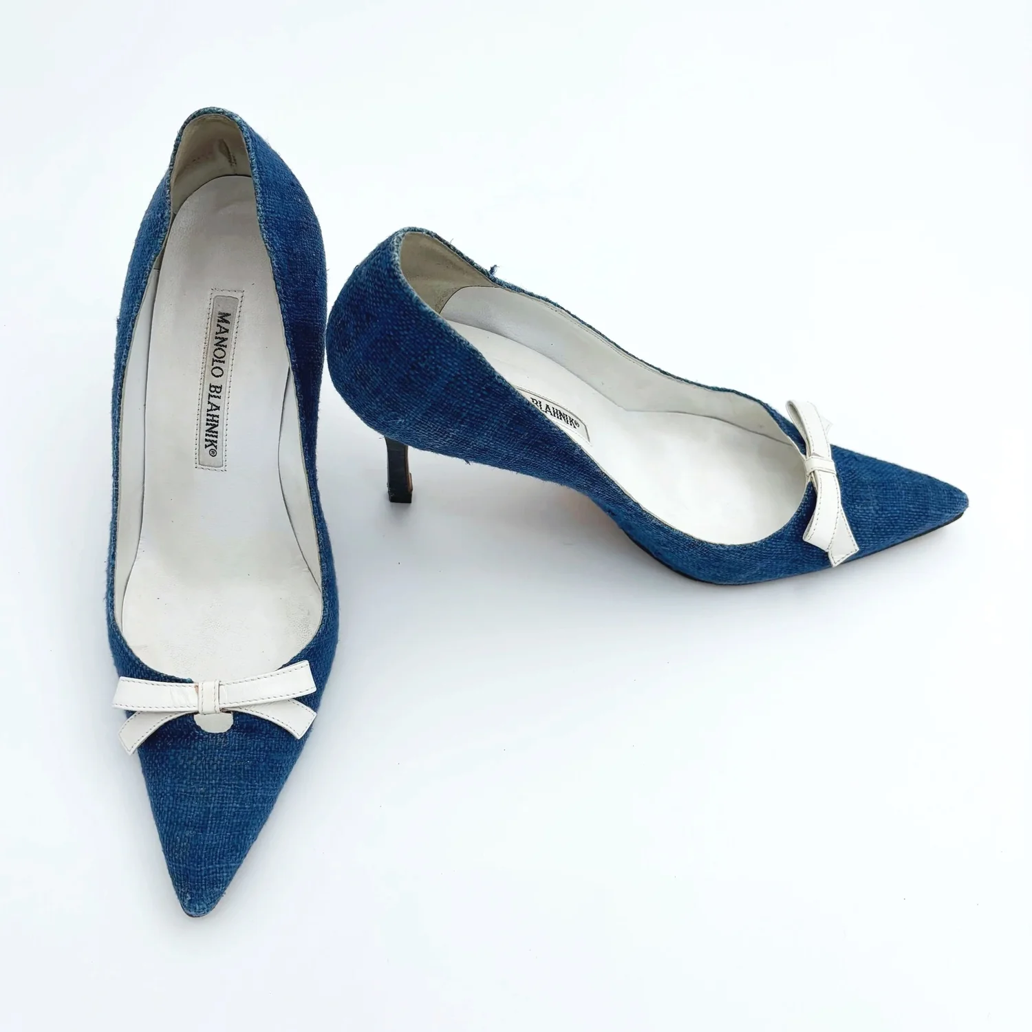 Blue Tweed Manolo Blahnik Bow Heels (37)