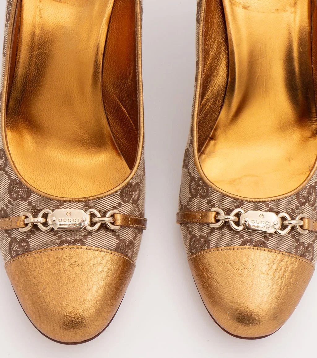 Gucci Gold Bronze Monogram Pumps (9.5), image 3