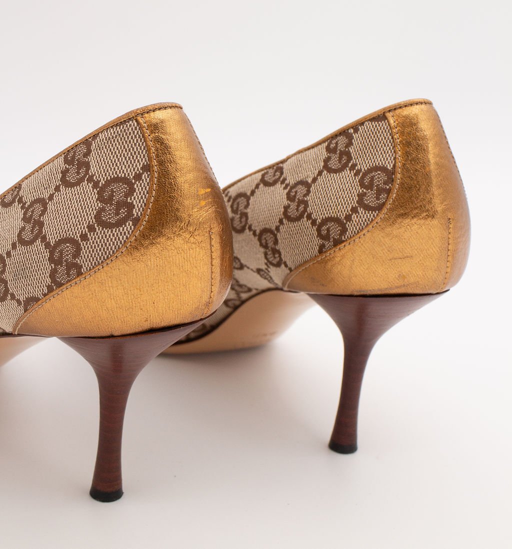 Gucci Gold Bronze Monogram Pumps (9.5), image 2