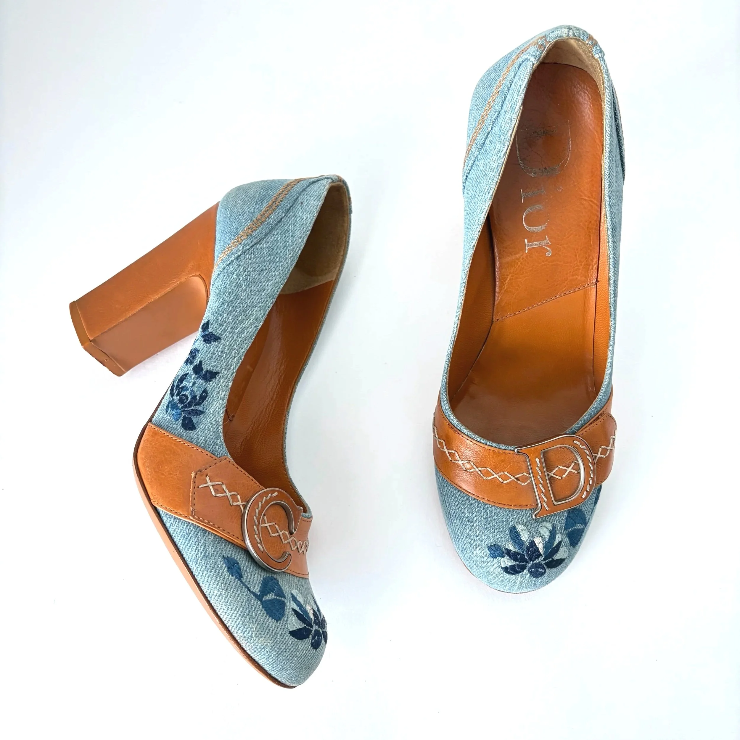 Vtg Dior Denim Floral Mary Janes (37.5)
