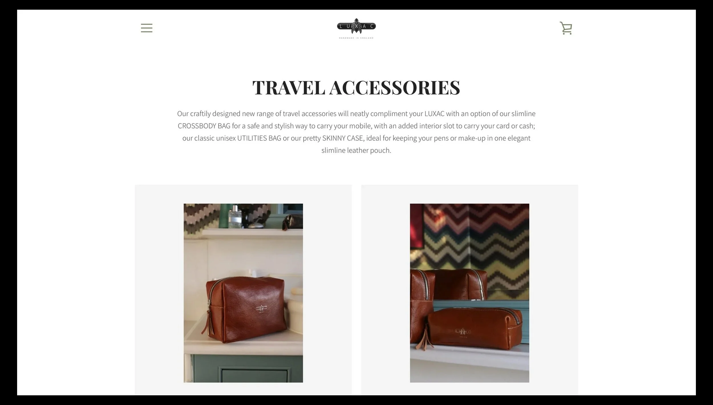 Travel accessories display featuring a brown leather crossbody bag and a matching skinny case on a white shelf with colorful background.
