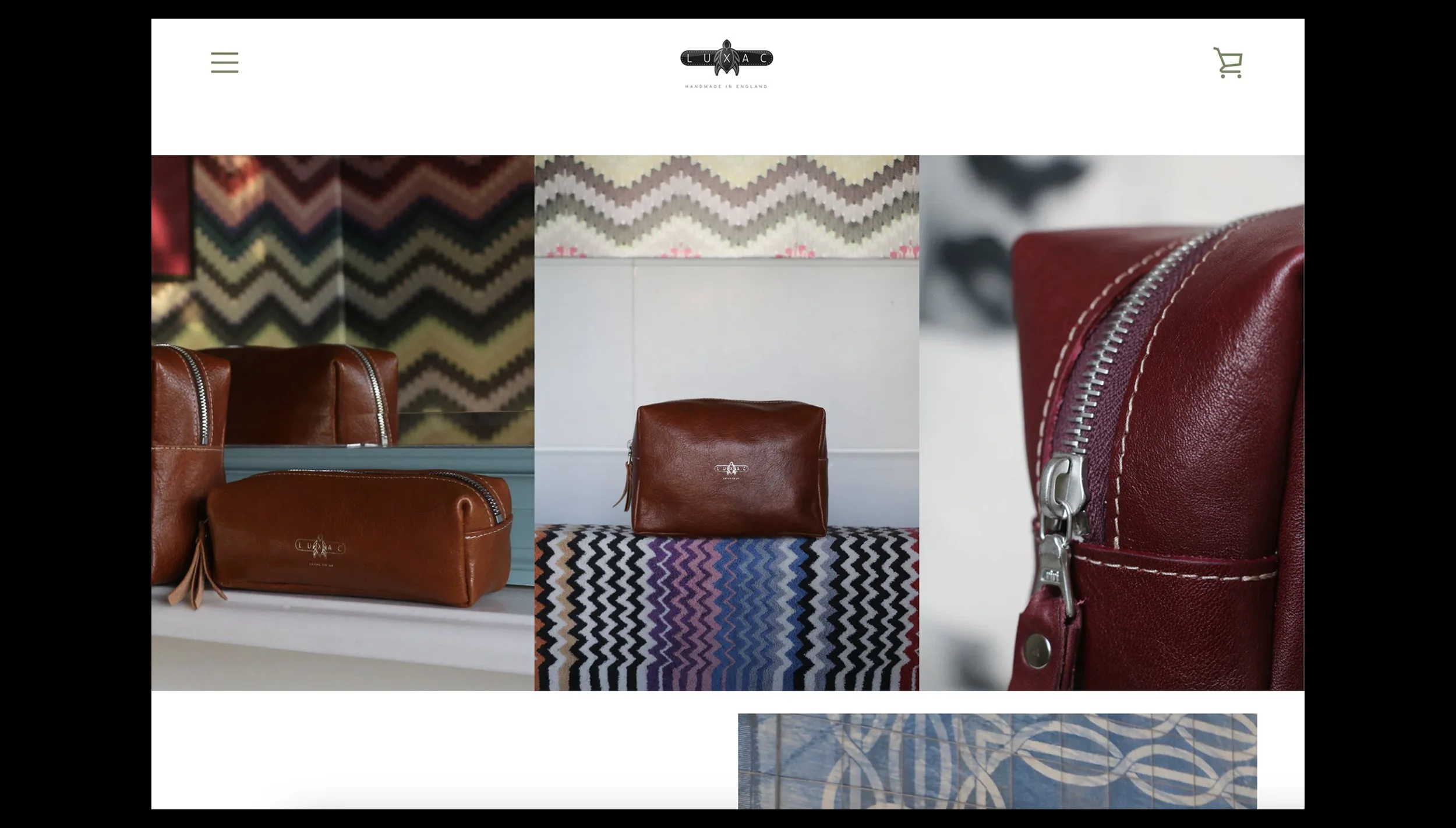 Three handbags made of leather, with minimal logos, placed on a surface with colorful woven textile background, zipper details visible.