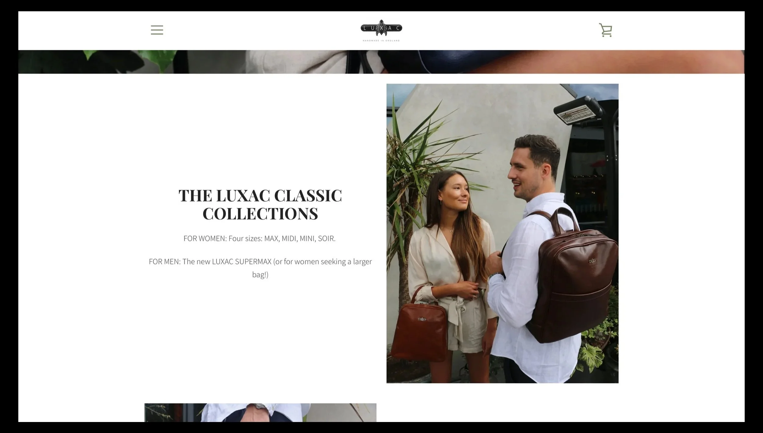 Two people, a woman and a man, are smiling and talking outdoors. The woman carries a brown handbag, and the man has a large brown backpack. They are standing near a white wall and some plants.