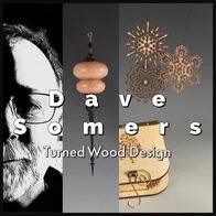 A collage of four images with text spelling 'Save Dames Turned Wood Design.' Includes a black and white face with glasses, a wooden sculpture, decorative gold snowflakes, and a carved wooden piece.