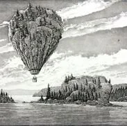 A hot air balloon ascending over a lake with wooded islands and trees in the background.