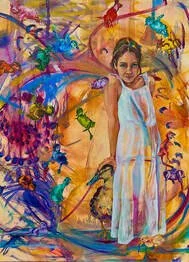 A young girl in a white dress standing amidst a colorful abstract background with vibrant splashes of orange, purple, blue, and yellow, and various insects like dragonflies.