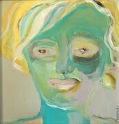 Abstract portrait of a smiling woman with green and blue tones and yellow hair.