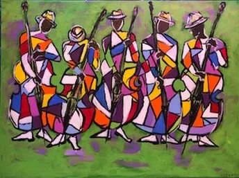 A colorful abstract painting of six people carrying baskets and walking with sticks, depicted in geometric shapes with vibrant colors on a green background.
