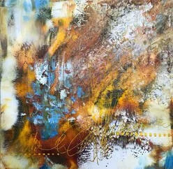 Abstract painting with splashes of brown, yellow, blue, and white colors.