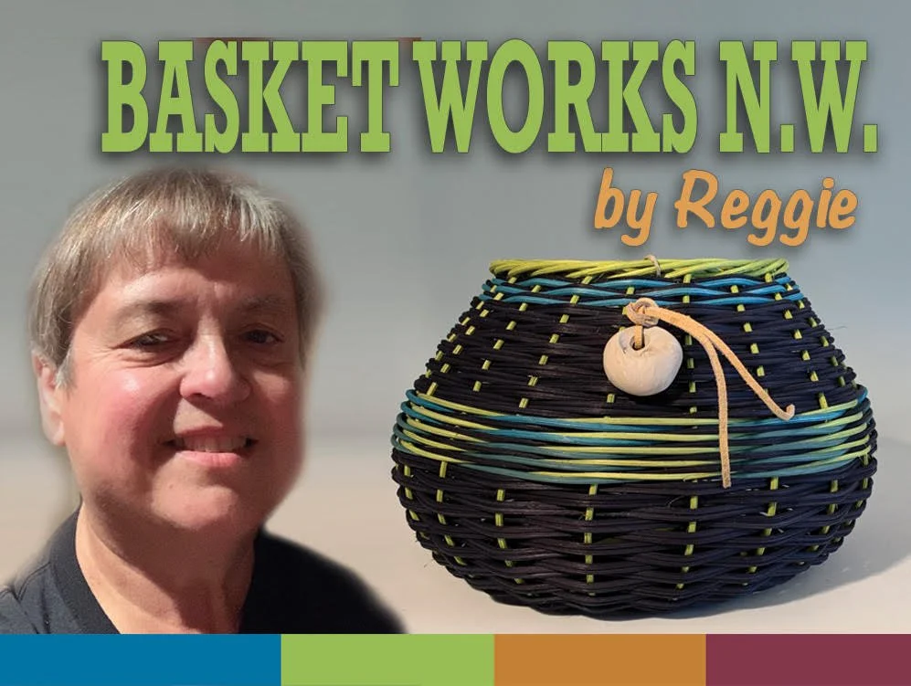 Three woven baskets with leather straps and tags, in different sizes and colors, arranged on a white surface against a plain background.