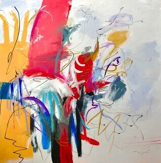 Abstract painting with vibrant splashes of red, yellow, blue, purple, and black, featuring swirling lines and shapes.