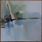 Abstract watercolor painting with light blue, green, and brown tones.