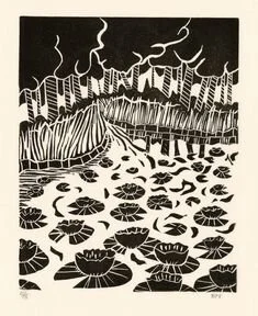 Silhouette of a mountain with steam rising, a forest near the base, and a pond filled with lily pads in black and white.