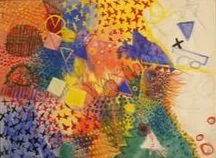Colorful abstract artwork with various shapes, patterns, and textures.