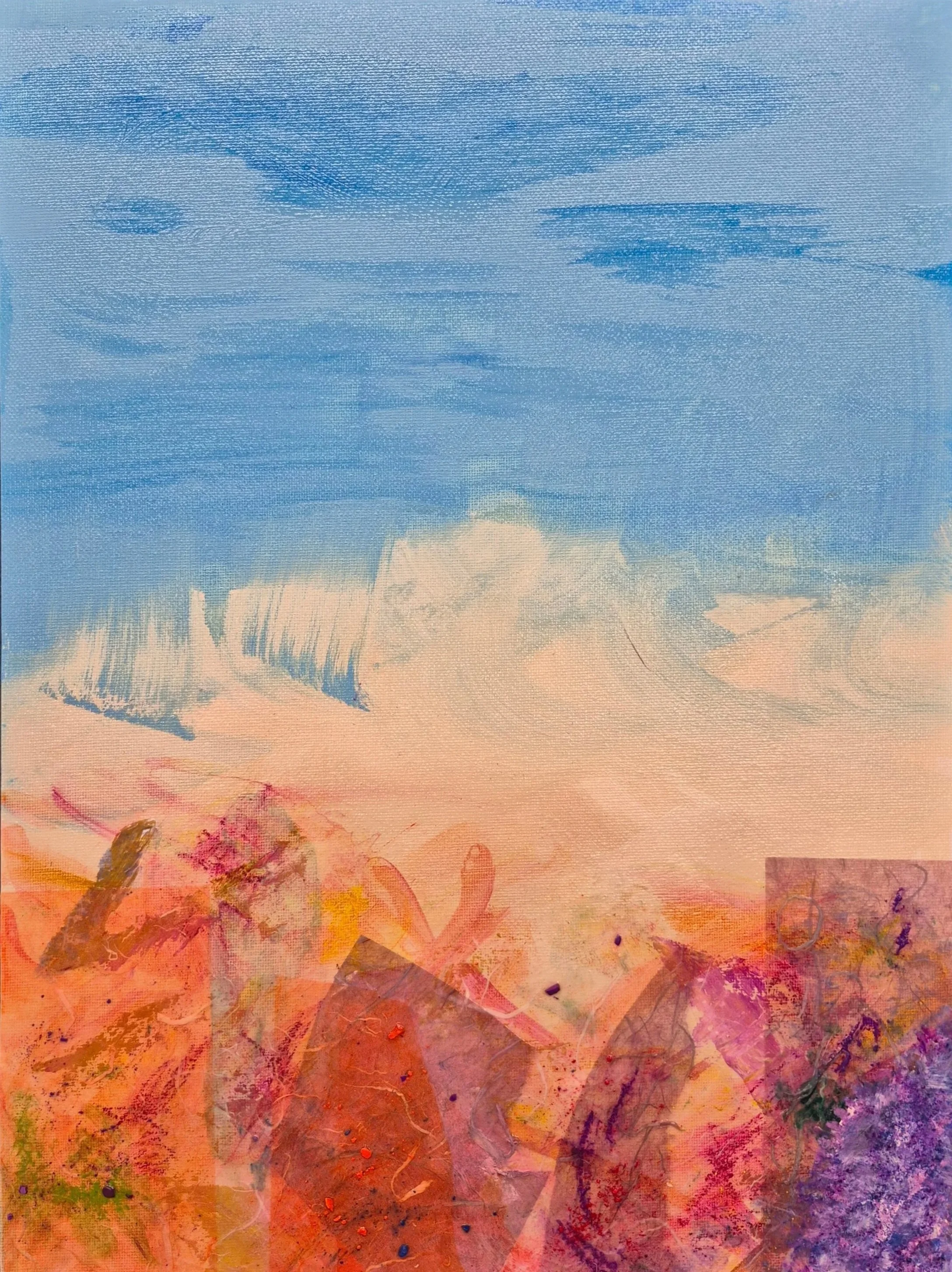 Abstract painting with vibrant colors, featuring shades of blue, green, purple, yellow, and orange.