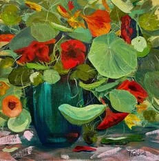 A colorful painting of a bouquet of red, orange, and yellow flowers with green leaves in a blue vase.