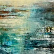 Abstract painting with shades of blue, green, and beige with textured brushstrokes.