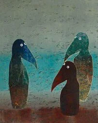 Three stylized bird sculptures with long beaks and white eyes against a textured background.