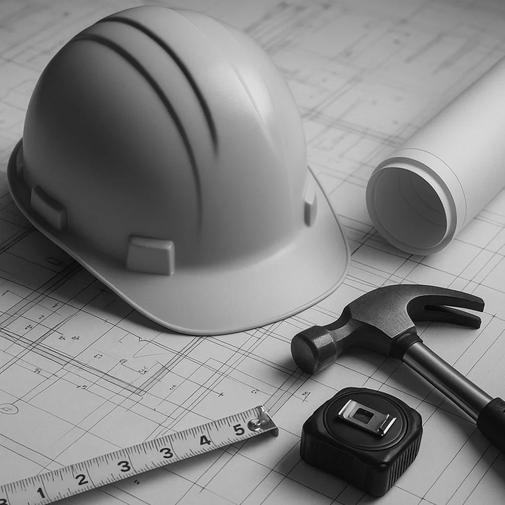 Construction tools and blueprint with hard hat, hammer, tape measure, rolled plans.
