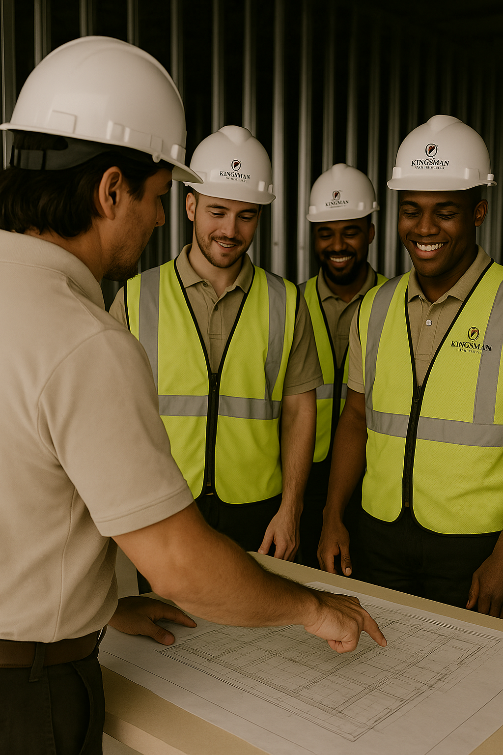 superintendent with foremans at a commercial constructionarquitect plan, general contractor, contruccion