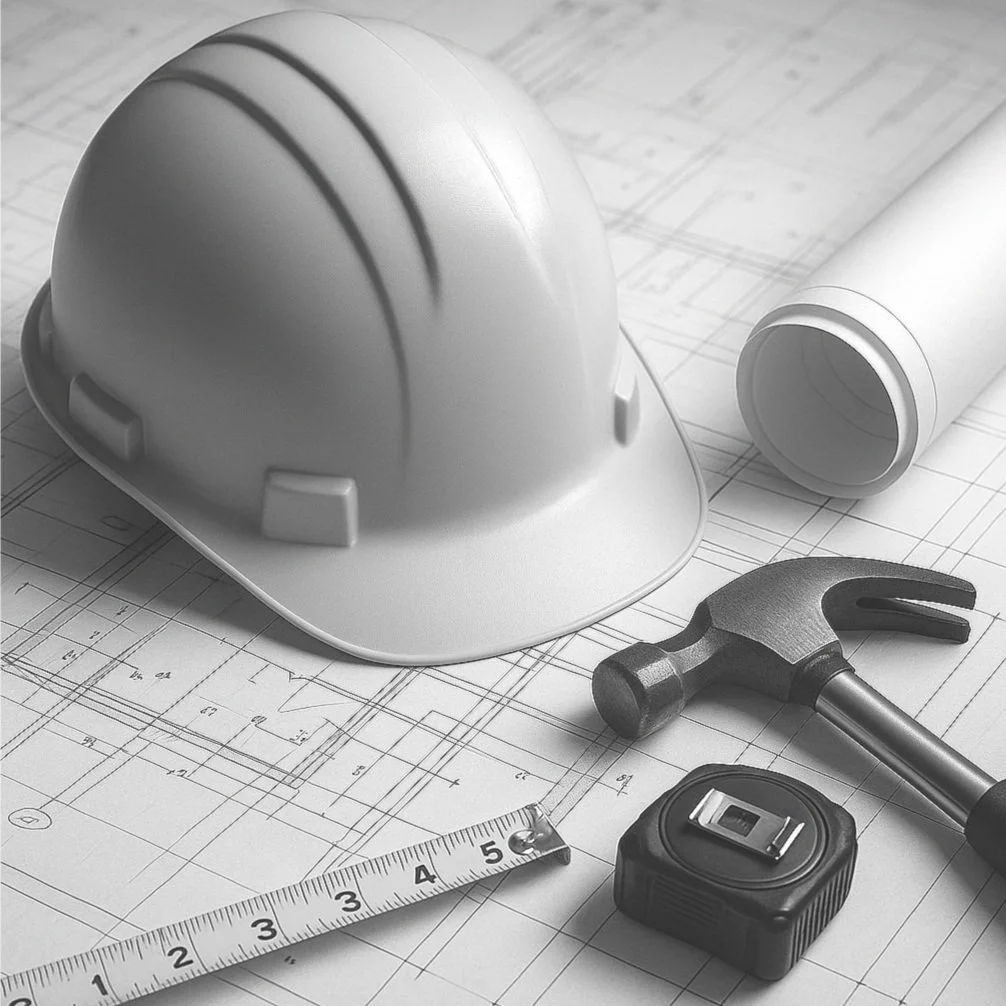 Construction tools on blueprints, including a hard hat, hammer, rolled plans, and measuring tape.