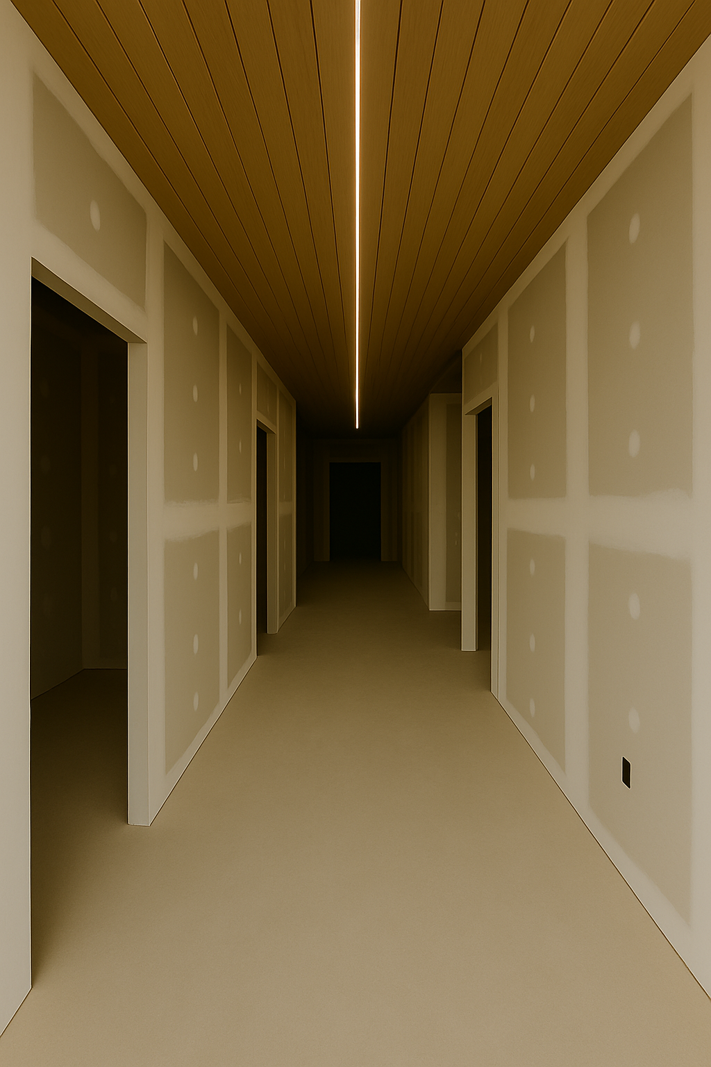 A long, narrow hallway with unfinished drywall walls and a wooden ceiling. The ceiling features a central recessed light strip, and there are several doorways on either side of the hallway.