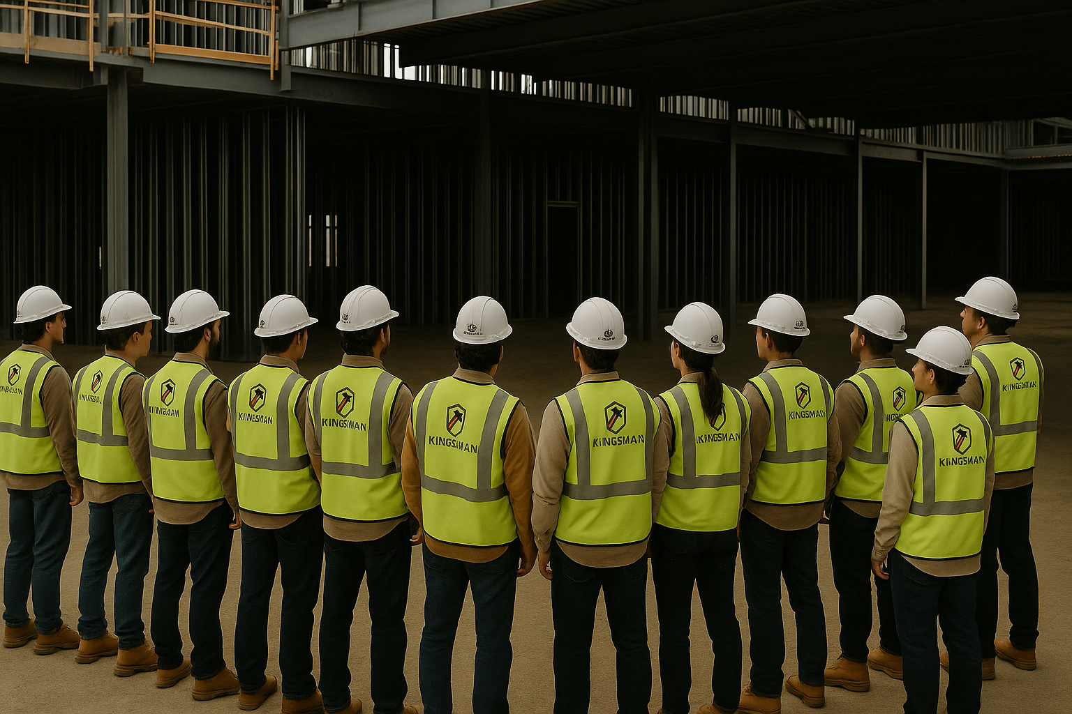 Construction crew standing naturally at a job site, facing a building project. A man resembling the leader stands slightly ahead, wearing Kingsman safety gear.