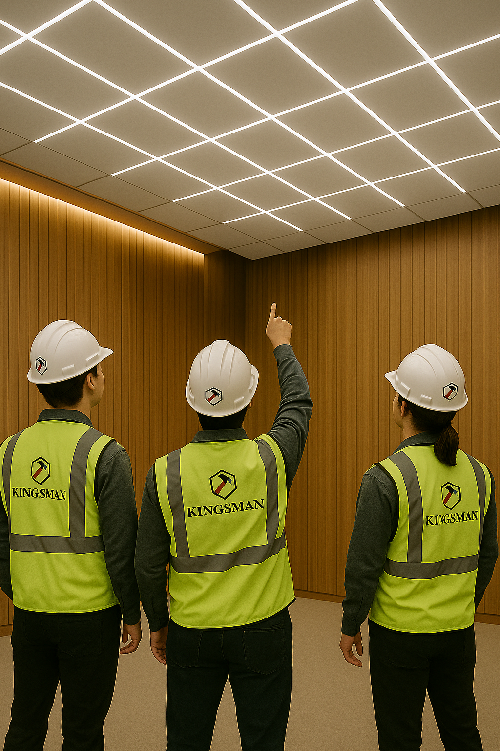 Three construction workers in hard hats and high-visibility vests pointing at a modern accoustical ceiling with grid lighting.