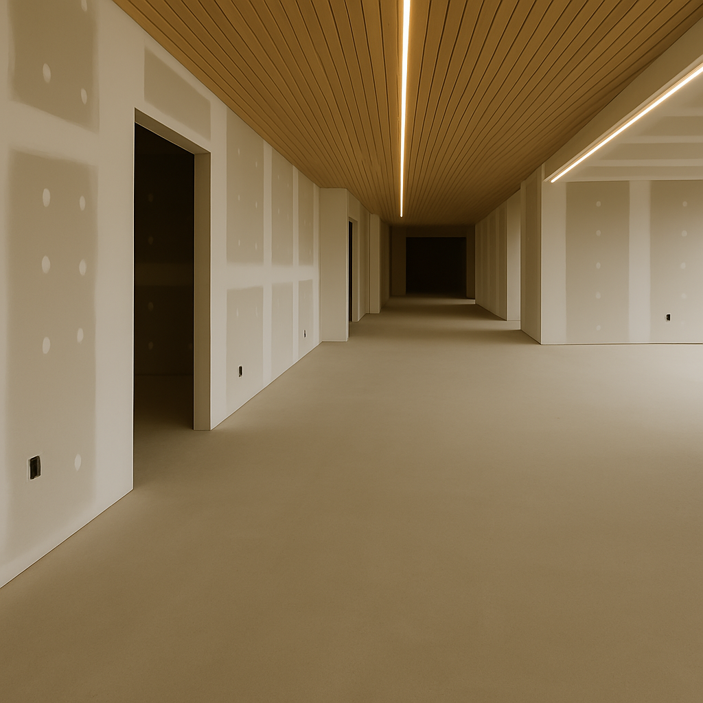 Unfinished interior hallway with drywall