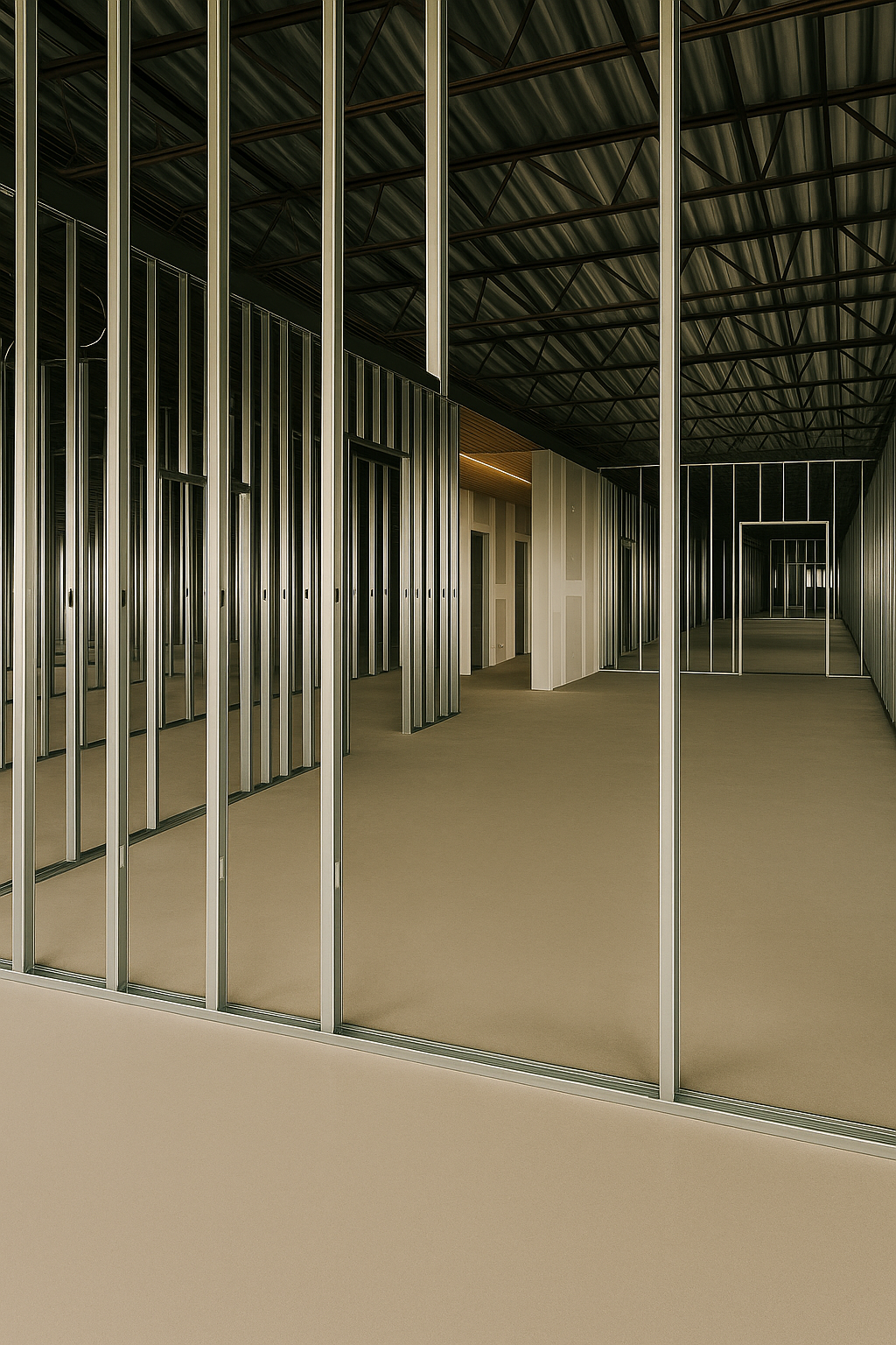 Interior view of a building under construction showing metal wall framing, exposed studs, and a concrete floor.