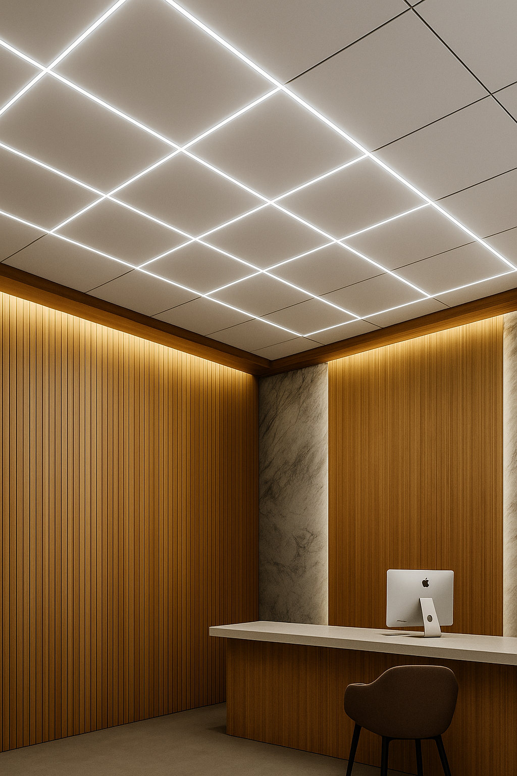 Modern office interior with wooden panel walls, ceiling grid light, marble accents, desk with computer, and cushioned chair.