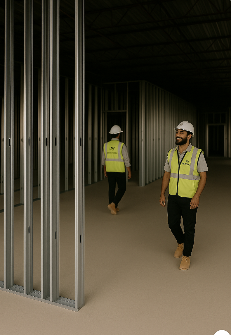 Construction workers in safety vests and hard hats at a steel frame site