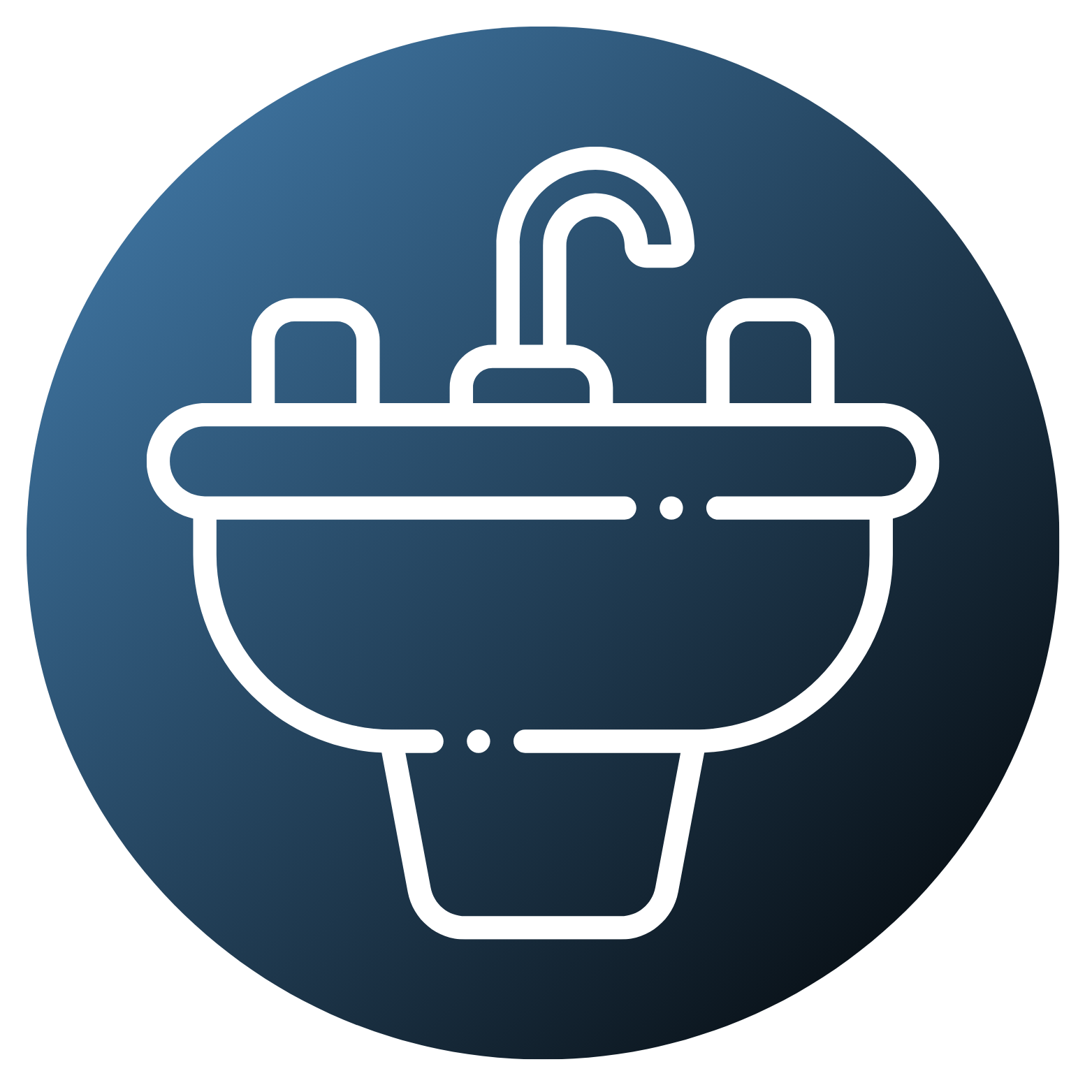 Outline of a sink with a faucet and two knobs on a black background.