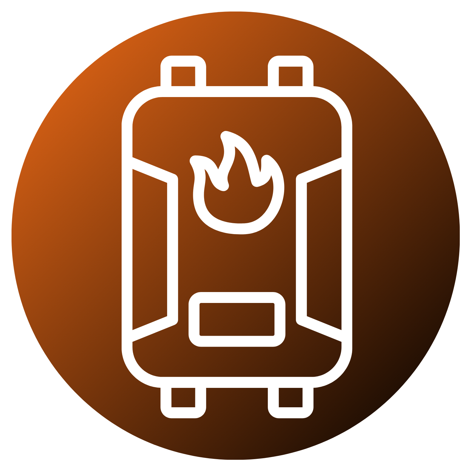 Fire extinguisher icon with flame symbol on a black background.