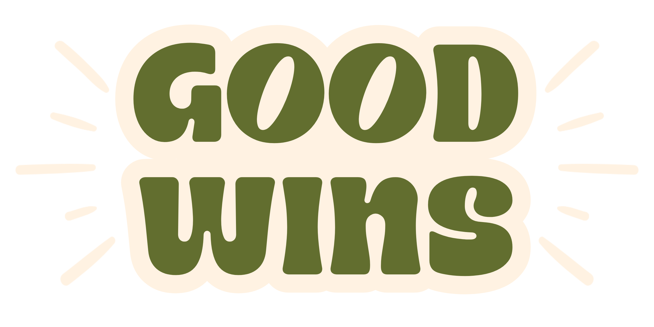 Graphic with the text 'Good Wins' in green letters outlined in cream, with cream lines radiating outward on a black background.